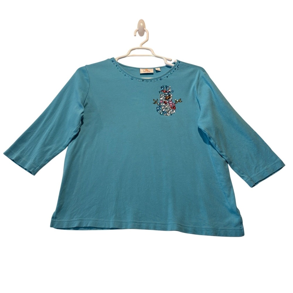 Quacker Factory Embellished Snowman Women's Top Size‎ LG Christmas Rhinestones